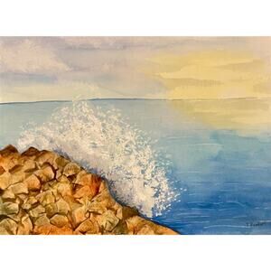 Hand painted watercolor original painting rocky shoreline wave